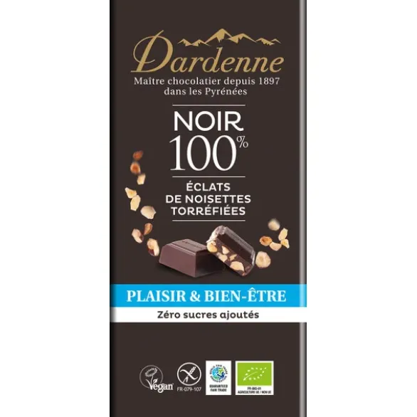 Chocolat noir 100% éclats de noisettes torréfiées 90g