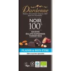 Chocolat noir 100% raisins éclats d'amandes torréfiées 90g