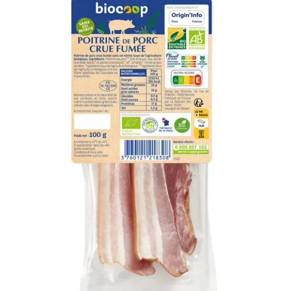 Poitrine porc cru fum s/sel nitr (2)100g