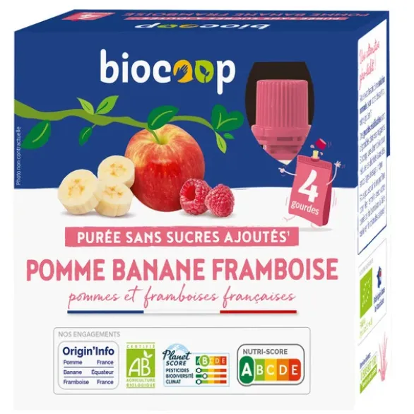 Purée sans sucres ajoutés pomme banane framboise gourde 4x90g